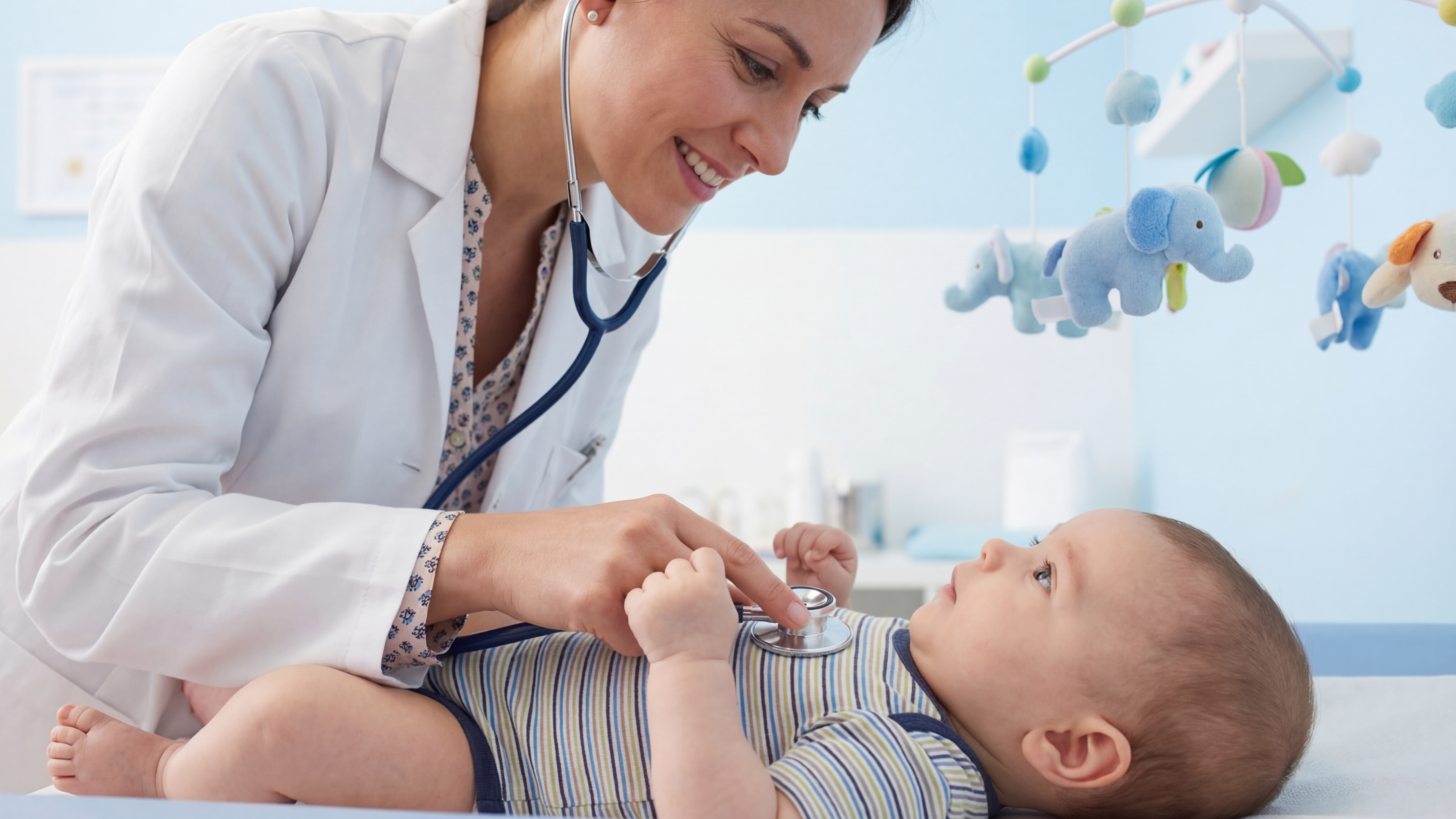 Paediatrician examining a baby with a stethoscope at Shah Hospital.